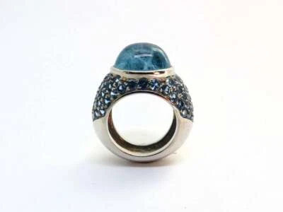 925 Real Silver Fine Aquamarine Cabochon with Round Aquamarine 16.07CTW Ring - Image 1 of 4