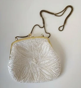 Beaded clutch evening purse white kiss clasp snake chain handle - Picture 1 of 9