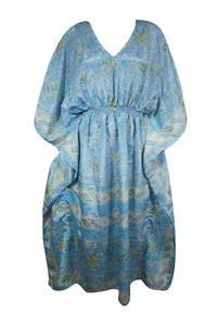 Boho Maxi Kaftan For Women Cerulean Blue Floral Caftan Lounger Gift For Mom L-2X - Picture 1 of 3