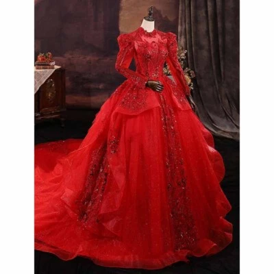 Red Sequin Long Sleeve High Neck Ball Gown Wedding Dress Formal Bridal Wear - Image 1 of 4