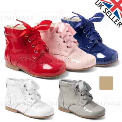 Girls Boots Patent Spanish Style Ankle Shiny Brogue Ribbon Lace Up Red Navy Pink