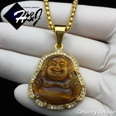 18-36"MEN Stainless Steel 3mm Gold Plated Box Chain Tiger Eye BUDDHA Pendant*117 - Image 1 of 4