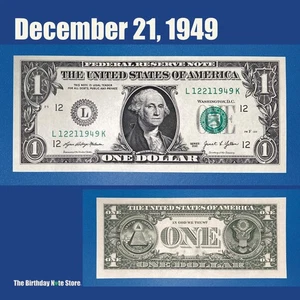 December 21, 1949 Birthday Anniversary $1 One Dollar Bill Serial Number 12211949 - Picture 1 of 2