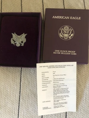1987 US MINT AMERICAN SILVER EAGLE $1 DOLLAR 1 OZ  SILVER PROOF COIN,COA,CASE! - Image 1 of 3