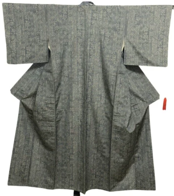 Japanese Vintage Kimono Pure Grey Blue Tsumugi Expensive Tradition Height 61.4in - Image 1 of 4