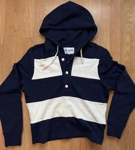DANIEL W. FLETCHER Striped Rugby Hoodie in dark blue oversized Button - Picture 1 of 5