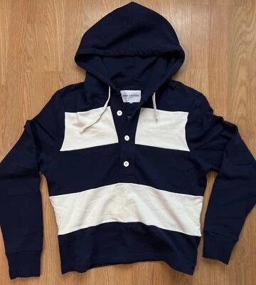 DANIEL W. FLETCHER Striped Rugby Hoodie in dark blue oversized Button - Image 1 of 4