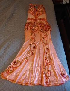 Vintage Johara Pro Bauchtanz Kostüm Kleid koralle rosa Perlen Fransen M/L/PXL C/D/DD - Bild 1 von 17