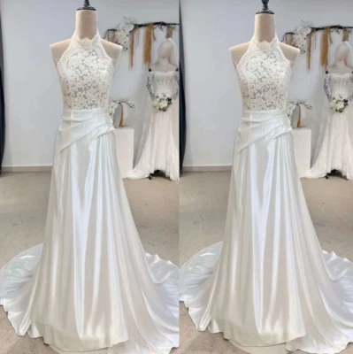 Satin Wedding Dresses Halter Neck Sweep Train Ruching Lace Applique Bridal Gown - Image 1 of 4