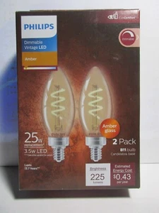 Philips Dimmable 25W 3.5W LED Amber Glass 2 Pack Bulbs Candelabra Base - Picture 1 of 4