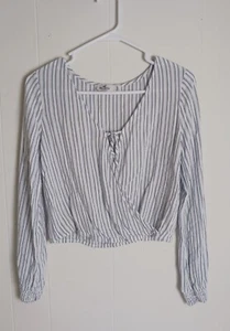 Hollister Blue White Stripe Long Sleeve Crop Wrap Top Small - Picture 1 of 9