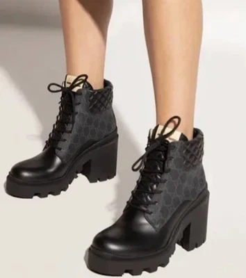 Gucci Apollo Logo GG Print Canvas Leather Quilted Lug Sole Combat Boots NEW 4 - Image 1 of 4