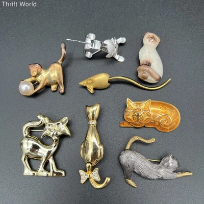 Vintage Lot 8 Cat Mouse Brooches Pins Costume Jewelry Avon Beau Berebi Moveable - Image 1 of 4