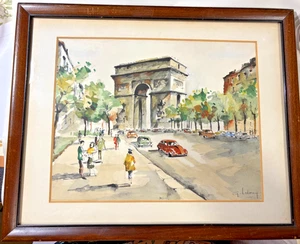 Vtg 50's Paris Arc de Triomphe Watercolor Litho G. LeLong Image 11 x 9 in - Picture 1 of 6