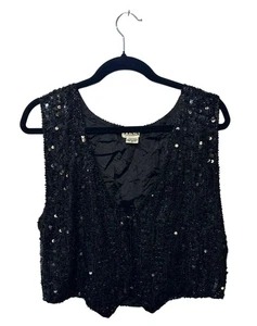 VTG TINA Black Sequin Beaded Vest Women Small 15.5"x18" Silk Cropped Evening - Picture 1 of 9