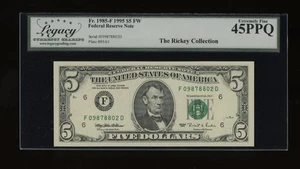 DBR 1995 $5 Atlanta Fr. 1985-F Legacy 45 PPQ Serial F09878802D - Picture 1 of 2