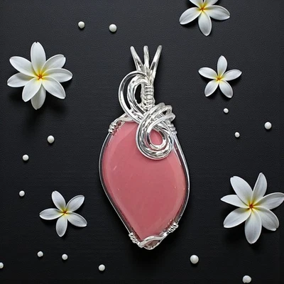 Ópalo rosa, envuelto en alambre, collar, plata de ley, #2023 Foto 1 de 4
