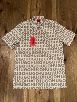 NWT NEW Hugo Boss SMALL Ebor Button Up Logo All Over Print Shirt Beige Collar - Image 1 of 4