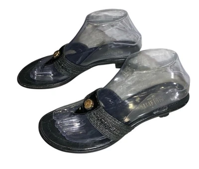 Eric Javits Black Woven Thong Logo Kitten Heel Slide In Sandals Size 7 - Image 1 of 4