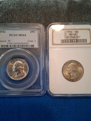 Lote de duas moedas de 25 centavos certificadas de Washington no início dos anos 30 (1932-P e 1936-P) - Imagem 1 de 4