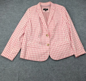 Talbots Blazer Womens 14W Petite Pink Gingham Check Spring Classic Career Preppy - Picture 1 of 6