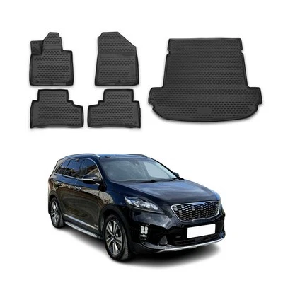 Alfombrillas y forros de carga personalizados para Kia Sorento 2016-2020 negro 5 piezas Foto 1 de 4