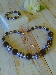 Black & White Buffalo Plaid Chunky Bubblegum Beaded Necklace Set w/Lobster Clasp - Picture 1 of 10