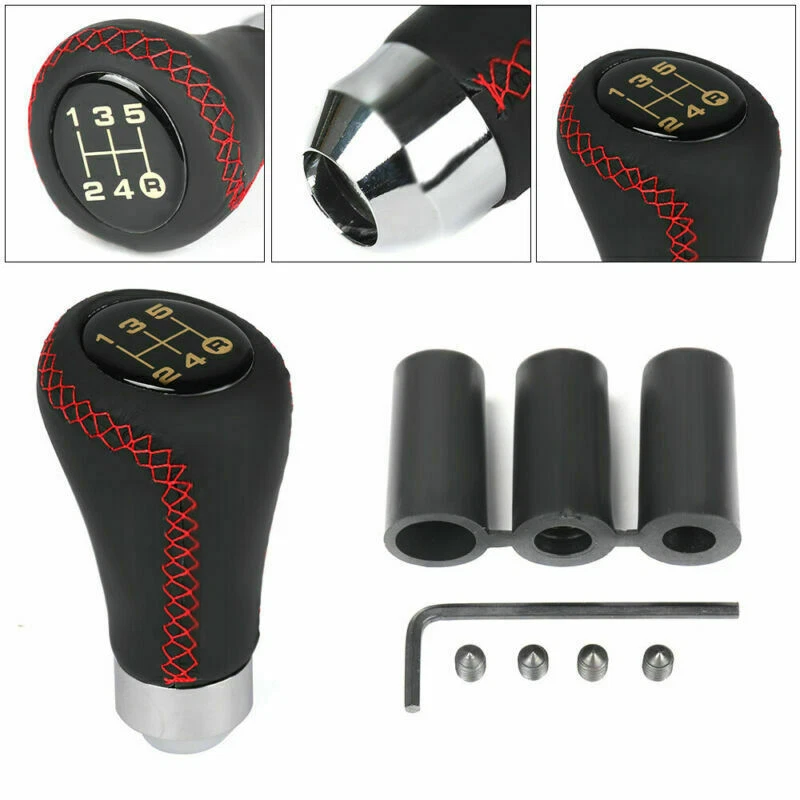 Palanca de cambios manual de cuero universal de 5 velocidades con puntada roja para automóvil Foto 1 de 4