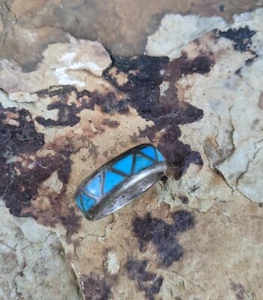 Vintage Southwestern Native American Inlay Turquoise/Sterling Silver Band - Picture 1 of 2