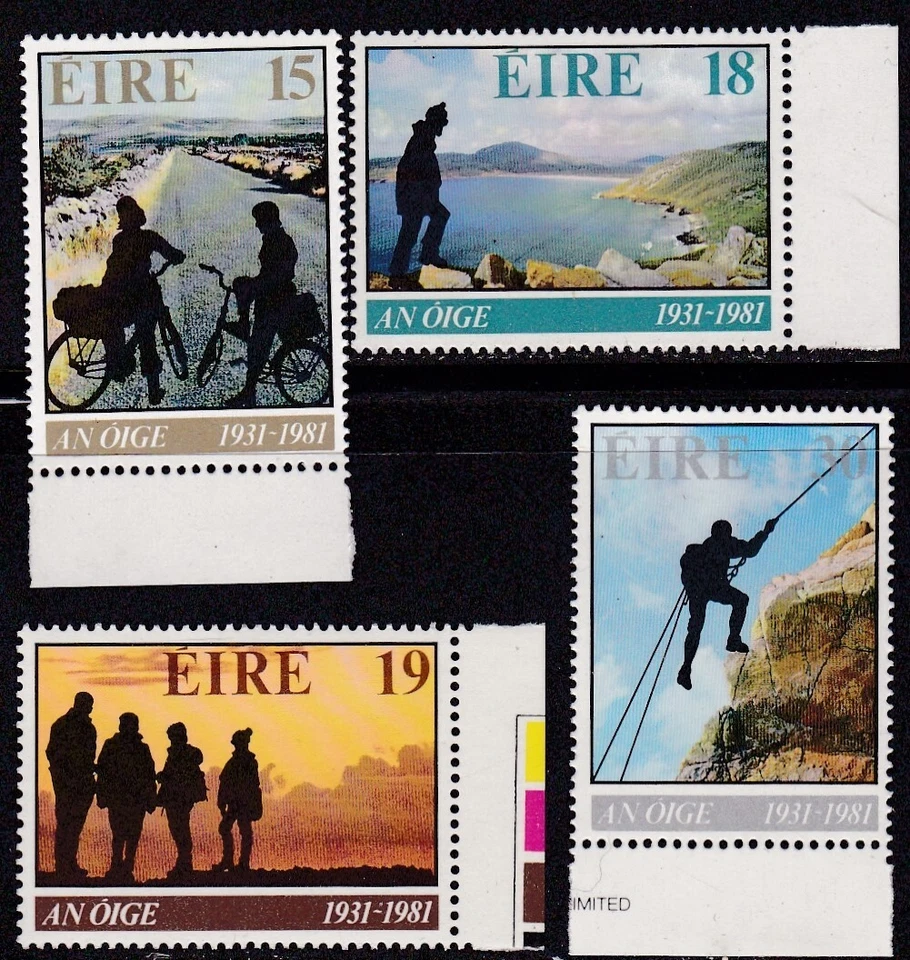 IRELAND #498-501 MNH 50th ANNIV. YOUTH HOSTAL ASSN. HIKING,BICYCLING & CLIMBING - Image 1 of 1