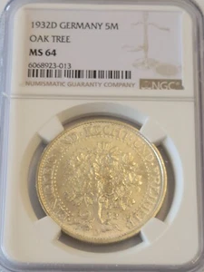 NGC MS 64 1932 D 5 Mark SILVER German Oak Tree . - Picture 1 of 3