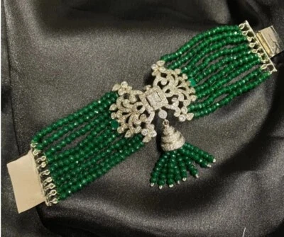 Oriental Lab Emerald Bead Tassel Bracelet 925 Silver Vintage Artistic Jewelry - Image 1 of 4