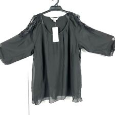 Beme Size 14 Top Black Cold Shoulder Crochet Lace 3/4 Sleeve Blouse Scoop Neck