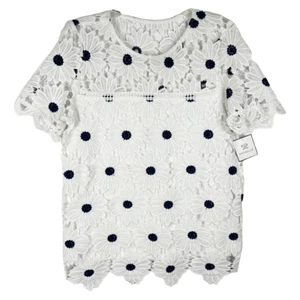 Rafaella Medium Top Lace Floral Textured Short Sleeve White Blue Daisies NWT 126 - Picture 1 of 11