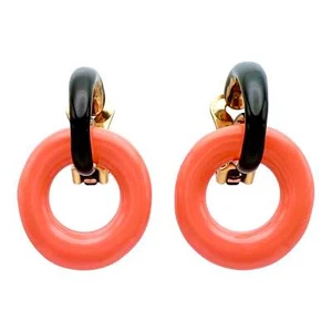 Oscar de la Renta Coral Resin Hoop Clip Earrings Black Enamel Gold-Plated Design - Picture 1 of 5