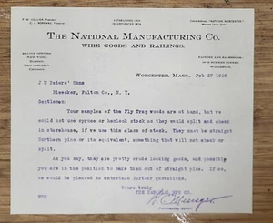 1909 Letterhead New York Bleecker Worcester MA National Manufacturing Company - Picture 1 of 3