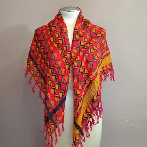 Vintage Schal Tuch rot orange schwarz gold geometrisch Krinkle 38x40" Fransen Boho - Bild 1 von 9