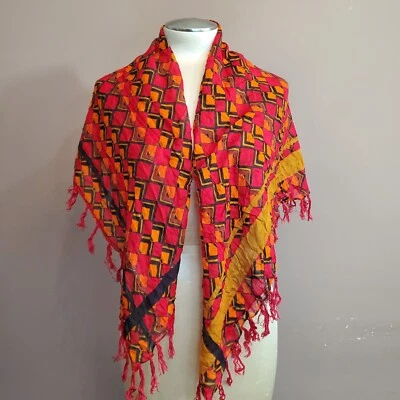 Bufanda Mantón Vintage Rojo Naranja Negro Dorado Geométrico Arruga 38x40" Flecos Boho Foto 1 de 4