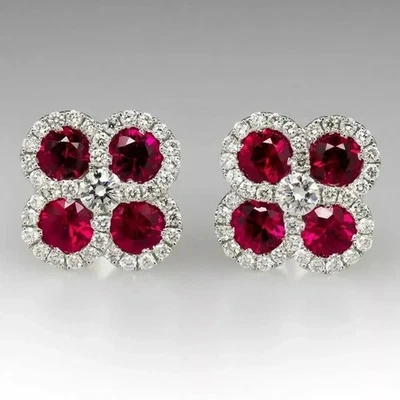 2.50CT Round Cut Lab Created Red Ruby stud Earring 14K White Gold Plated Silver - Image 1 of 4