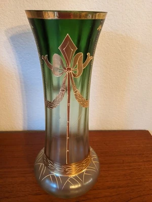 Art Nouveau Green And Gilt Glass Vase Ribbon And Floral Legras 11.5" - Image 1 of 4