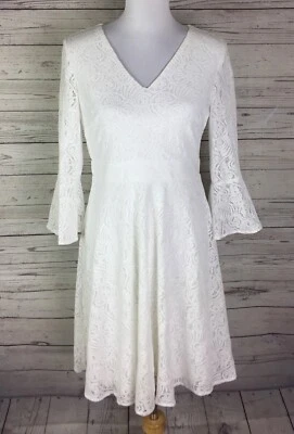 Vestido para mujer Nine West blanco cuello en V crochet encaje manga 3/4 forrado ajuste acampanado 4 Foto 1 de 4