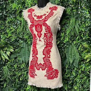 Elegant Dress Women Small Tan Sleeveless Woven Fringe Hem High Neck Mini 2426 - Picture 1 of 8