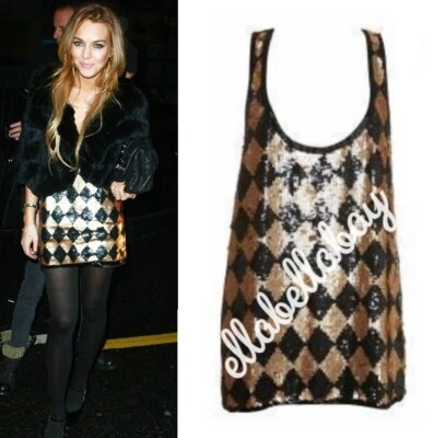 TOPSHOP Black Bronze Harlequin Sequin Tunic Long Vest Minidress Lindsay Lohan 14 - Image 1 of 4