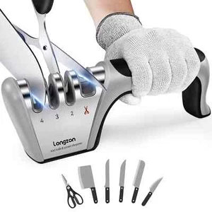 Afilador de cuchillos 4 en 1 longzon 4 etapas con un par de guantes resistentes a cortes - Imagen 1 de 3