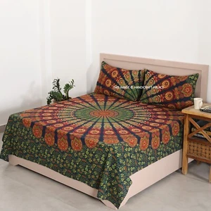 Green Peacock Mandala Printed Wall Hanging Cotton Bed Sheet With 2 Pillow Cover - Picture 1 of 4