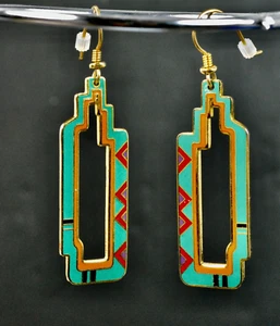 Vintage Laurel Burch Southwestern Aztec Style Cloisonne, French Wire Earrings - Picture 1 of 8