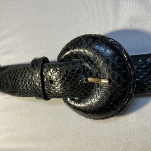 80s Vtg Genuine Snake Skin Womens Belt Sz M Navy Blue DAME Self Buckle Flawed - Picture 1 of 13