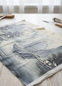 Vintage Original Black & White Oil Painting on Fabric – Vietnamese Junk Boat  - Picture 1 of 11