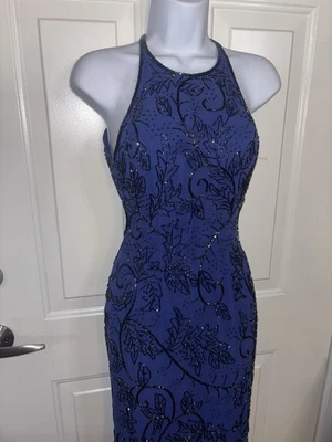 Vestido formal vintage con cuentas 100% seda azul patrón floral pequeña colección mar Foto 1 de 4