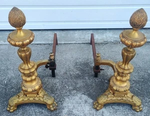Signed WM.H JACKSON CO NY Pair Of Andirons Pat 1908 BrassIron Lions Feat Golden - Picture 1 of 15